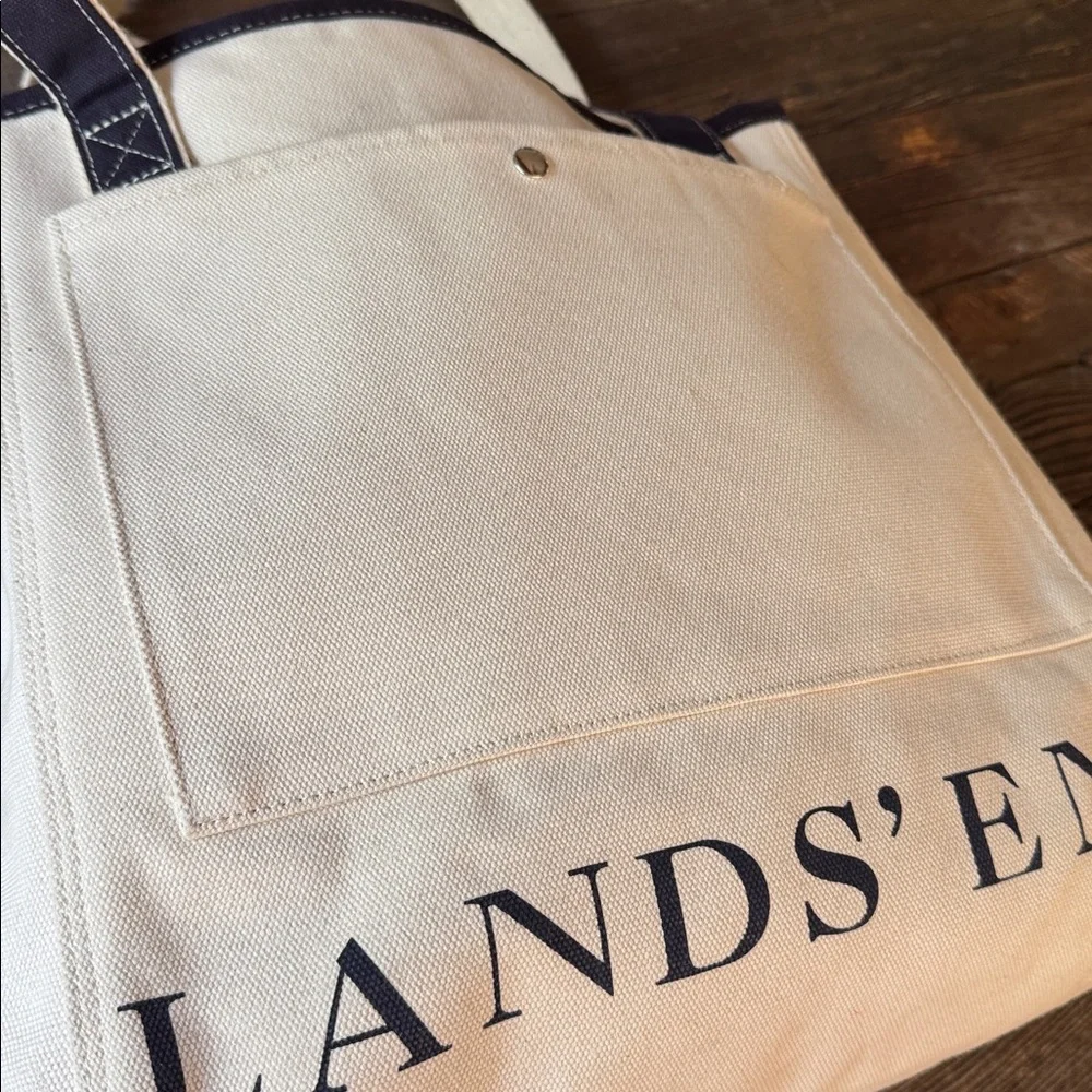 Lands End navy and cream cotton canvas‎ classic tote - Picture 2 of 8